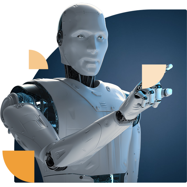 AI-robot in futuristisch design met een uitgestoken hand op een donkerblauwe achtergrond.