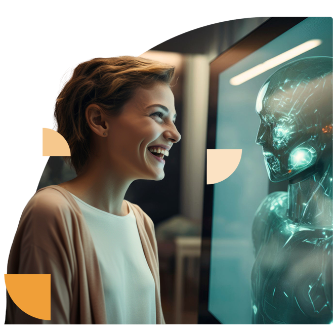 Lachende vrouw observeert een holografische weergave van een robot, dit illustreert de vooruitgang en populariteit van kunstmatige intelligentie.