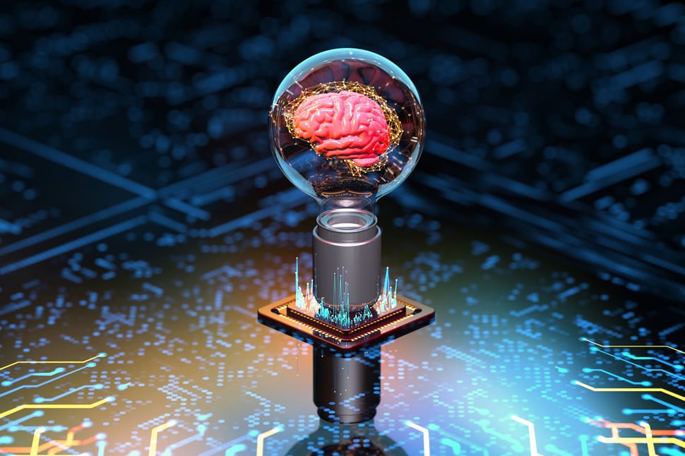 Een futuristische representatie van AI, waarbij een digitaal brein in een gloeilamp boven een printplaat wordt afgebeeld.