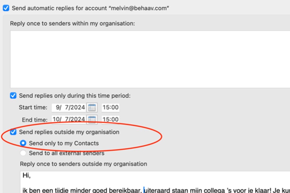 E-mail configuratiescherm toont out-of-office reply instellingen, met focus op het beperken van antwoorden tot alleen bekende contacten.