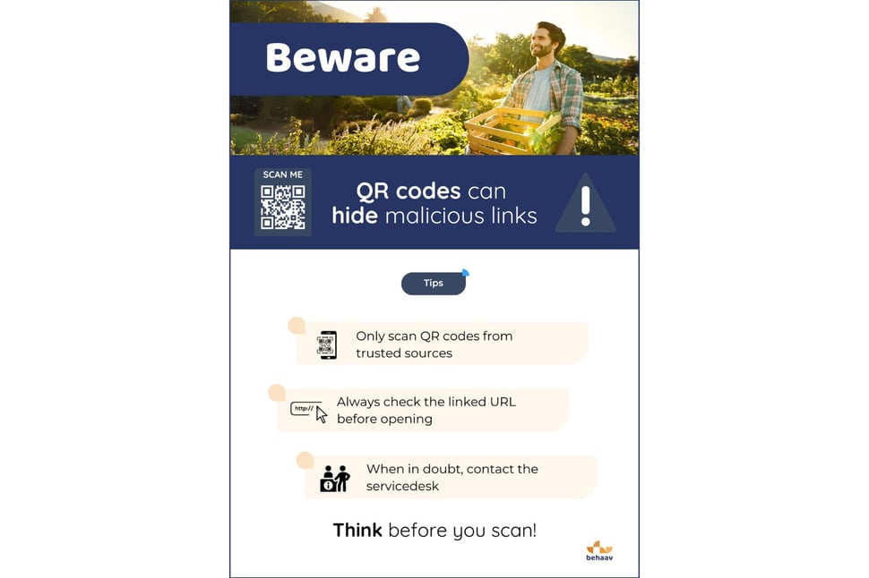 Poster met tips om quishing te voorkomen, zoals alleen QR-codes scannen afkomstig van betrouwbare bronnen en het controleren van de gekoppelde URL.
