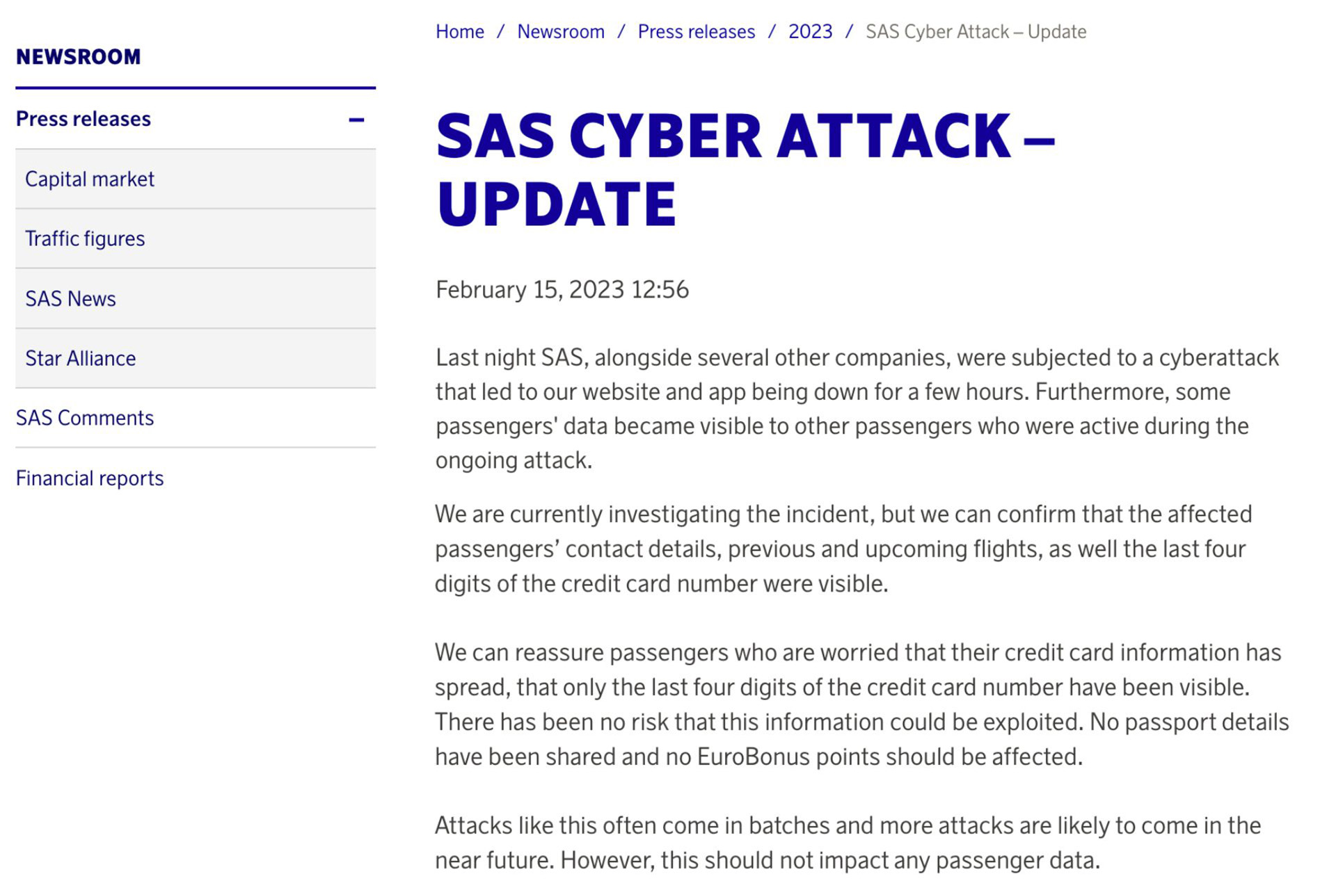 Persbericht van Scandinavian Airlines met details over de cyberaanval, waarin wordt bevestigd dat verschillende persoonsgegevens zichtbaar waren.