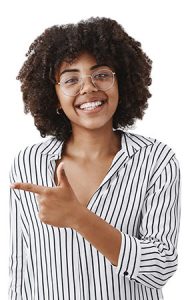 Young woman w glasses pointing