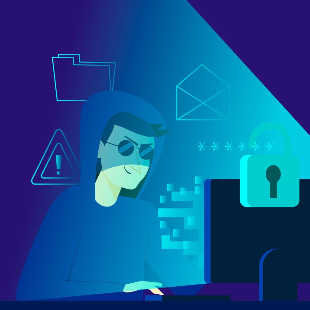 A digital illustration of a hacker performing a cyber attack on a computer.