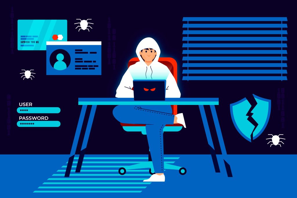Een digitale illustratie van een hacker achter een bureau die zoveel mogelijk informatie over een organisatie probeert te verzamelen. 