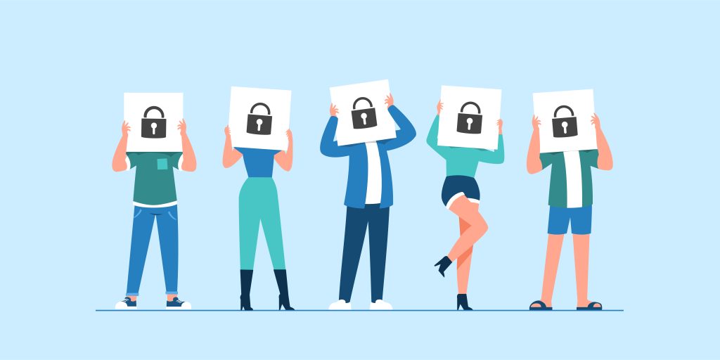 A digital illustration of five different people, each holding a lock icon in front of their face because they have learned how to recognize cyber attacks.
