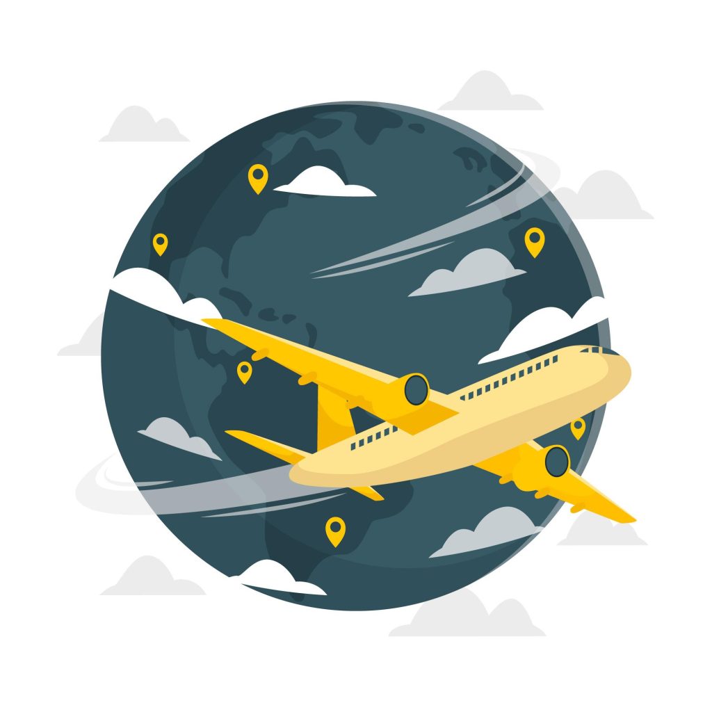 Een digitale illustratie van een vliegtuig met op de achtergrond een aarde met verschillende gemarkeerde locaties. 