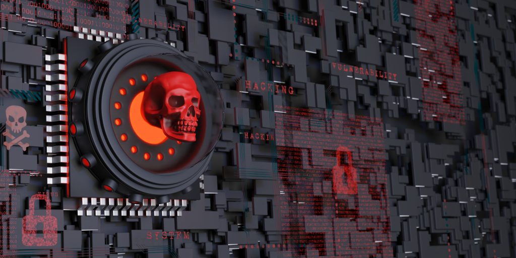 a 3D image of a computer's hardware with a skull located on the processor taking over the user's system via installed ransomware.