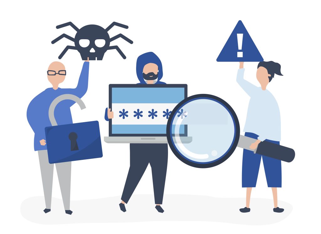 Een digitale tekening van drie mensen die op zoek zijn naar bewapening tegen een ransomware-aanval.