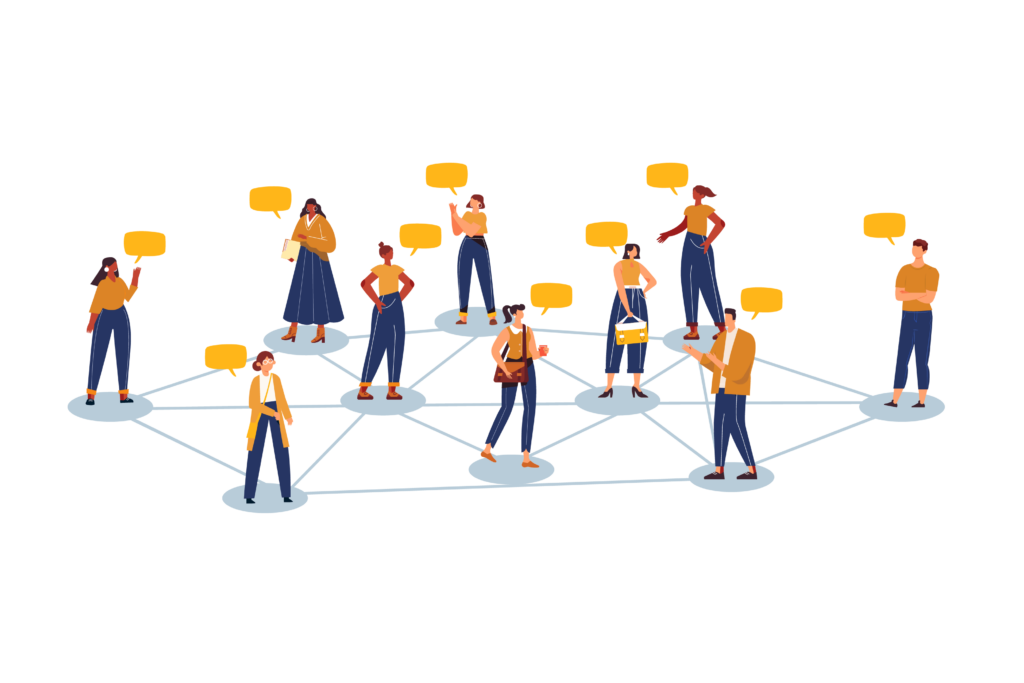 Digitale illustratie van medewerkers die gericht met elkaar communiceren 