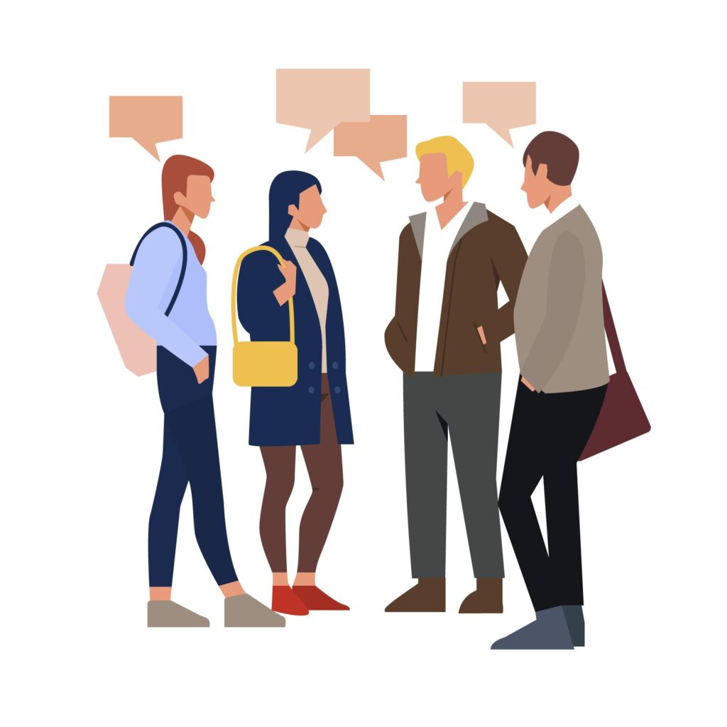 Digital illustration of a group of people who are talking about the execution of business processes.