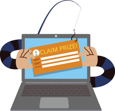 Een digitale illustratie met een voorbeeld van een phishingmail: claim prize