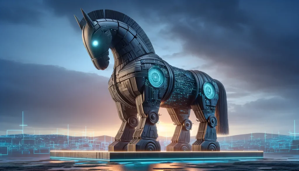 Een Trojaans paard gemaakt van elektronica en metaal in een moderne, futuristische stijl. Het paard lijkt stevig en wekt de illusie dat AI ons volledig zal gaan beschermen.