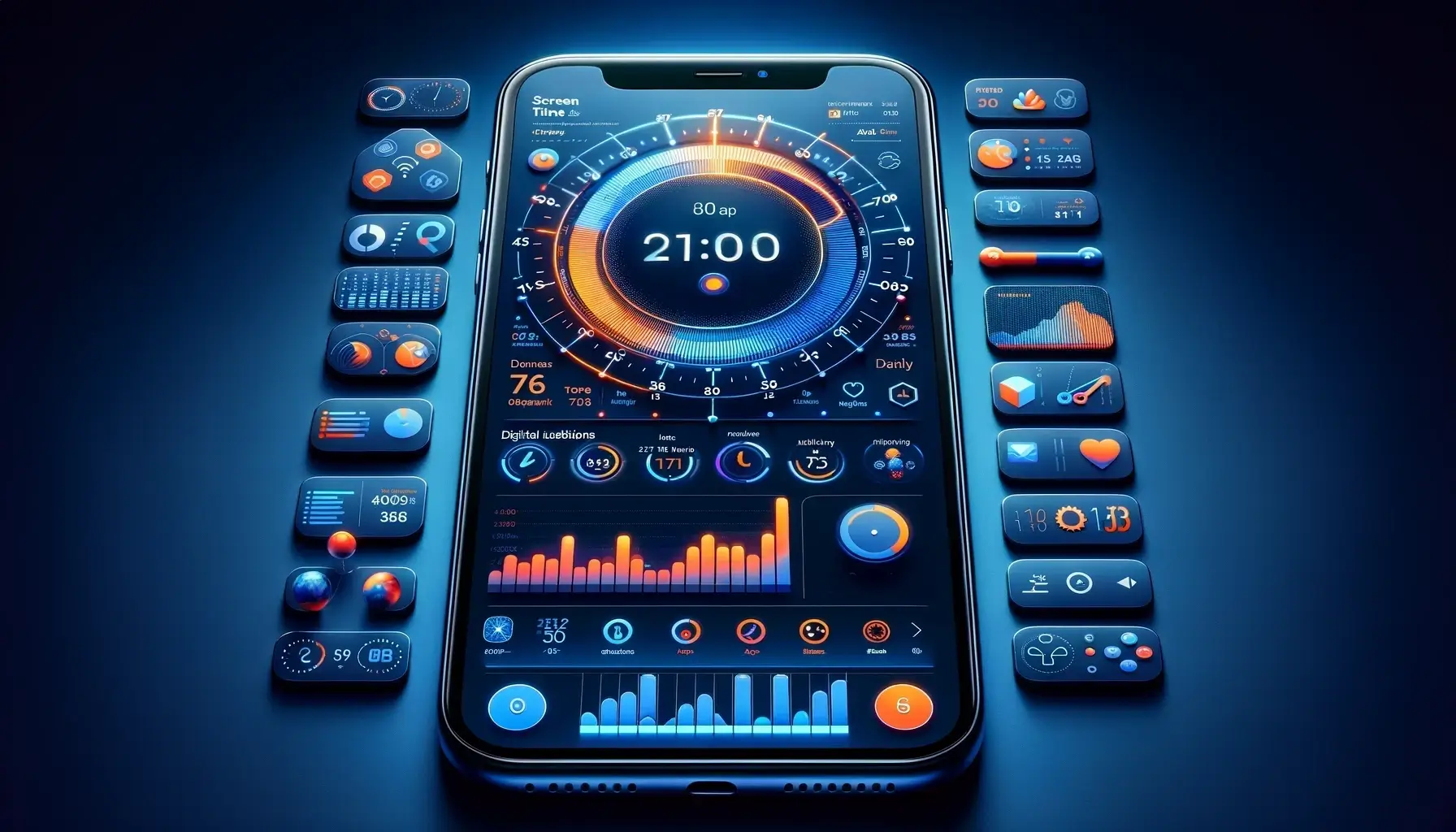 Een smartphone op een blauwe achtergrond die de verschillende instellingen van de screentime-instelling op het display weergeeft.